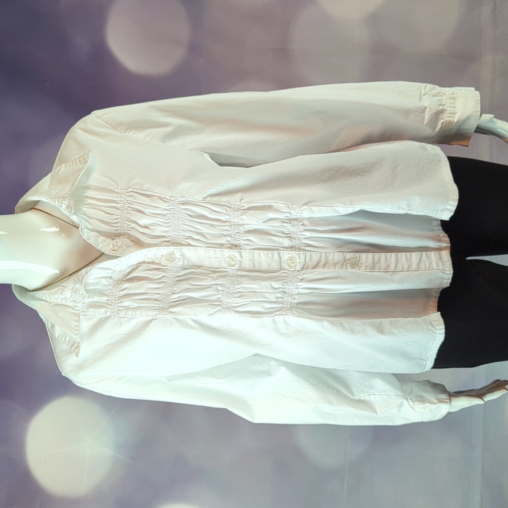 Tribeca Studio sz 14 Vintage Ruched White Long Sleeve Button Down Blouse